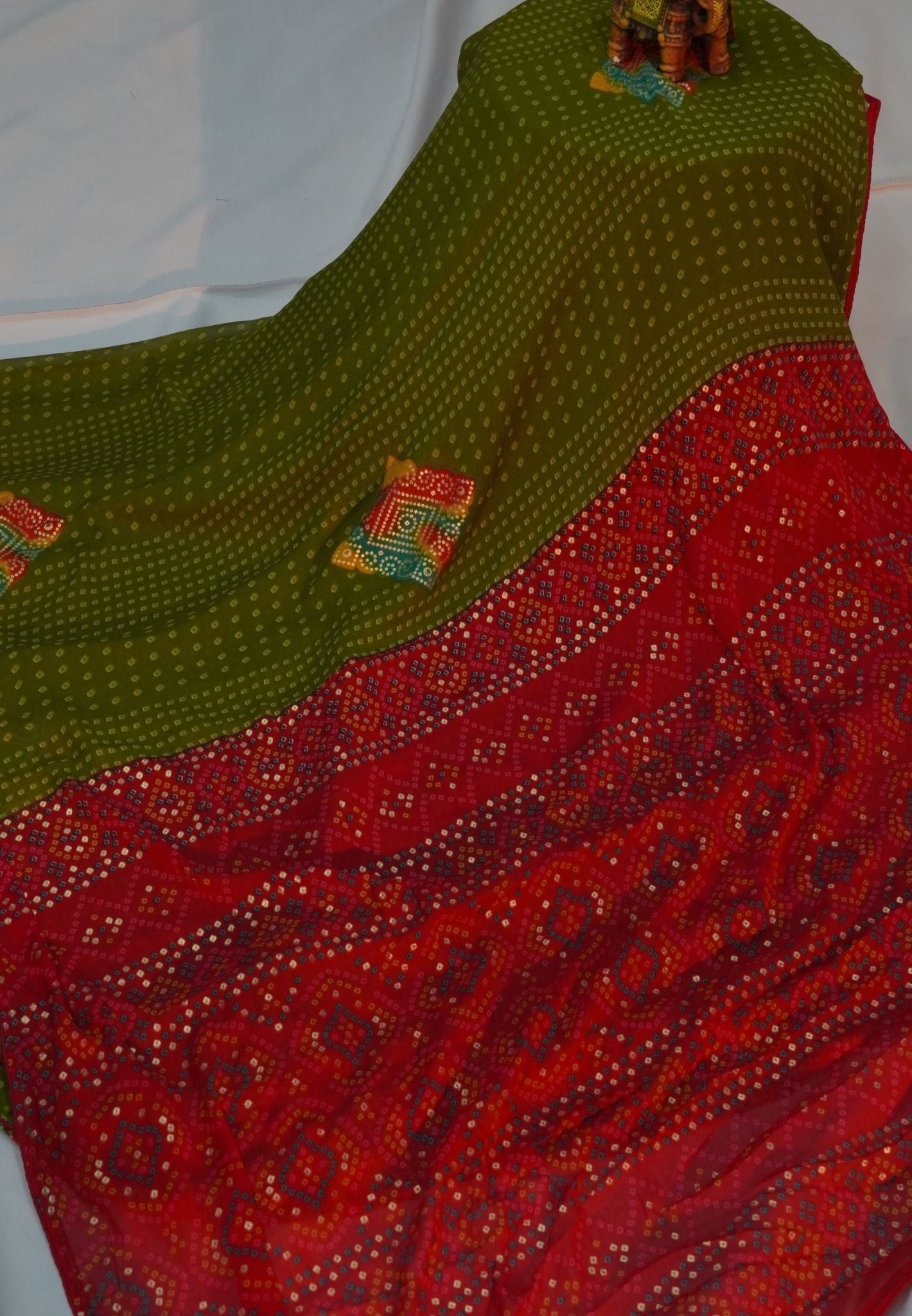 Chiffon Saree-Olive Green in Diamond Bandhini Pattern