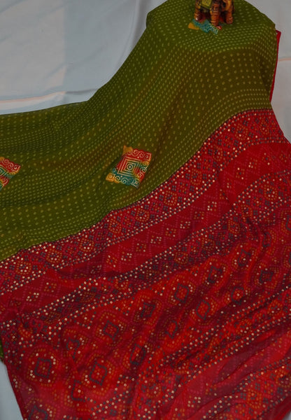 Chiffon Saree-Olive Green in Diamond Bandhini Pattern