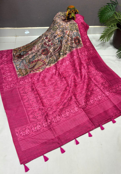 Pashmina Tussar Saree-Pink in Kalamkari Floral & Peacock Border