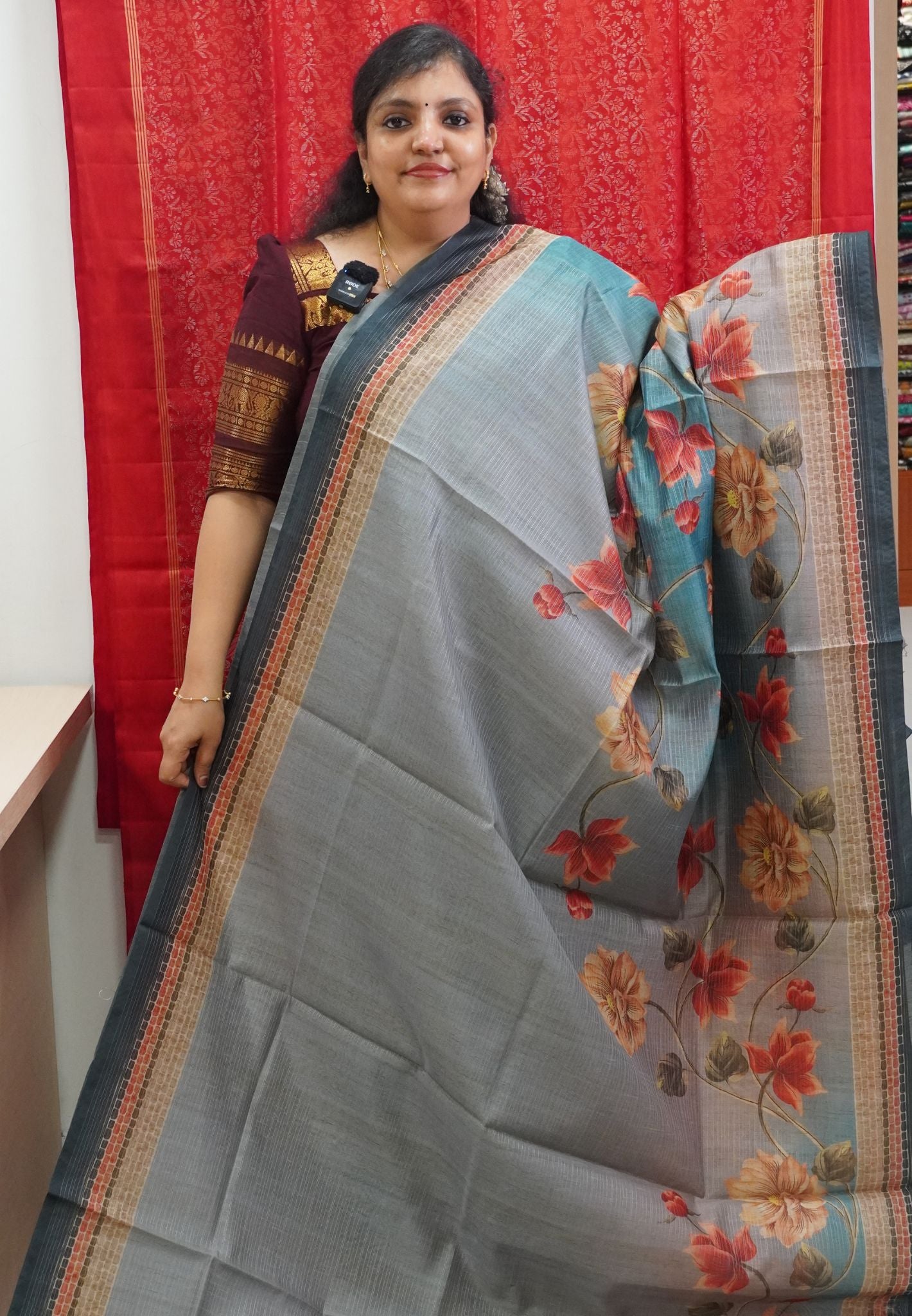 Bhagalpur Tussar  - Floral Pattern Greyish Blue