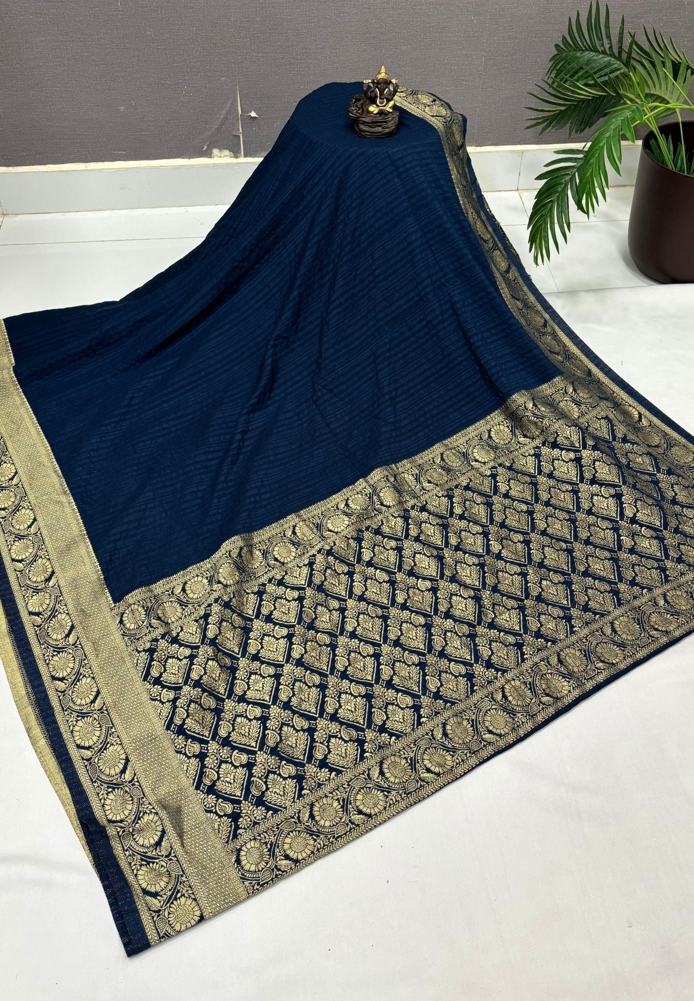 Banarasi Georgette Saree-Dark Peacock Blue In Floral Jaal Zari Border