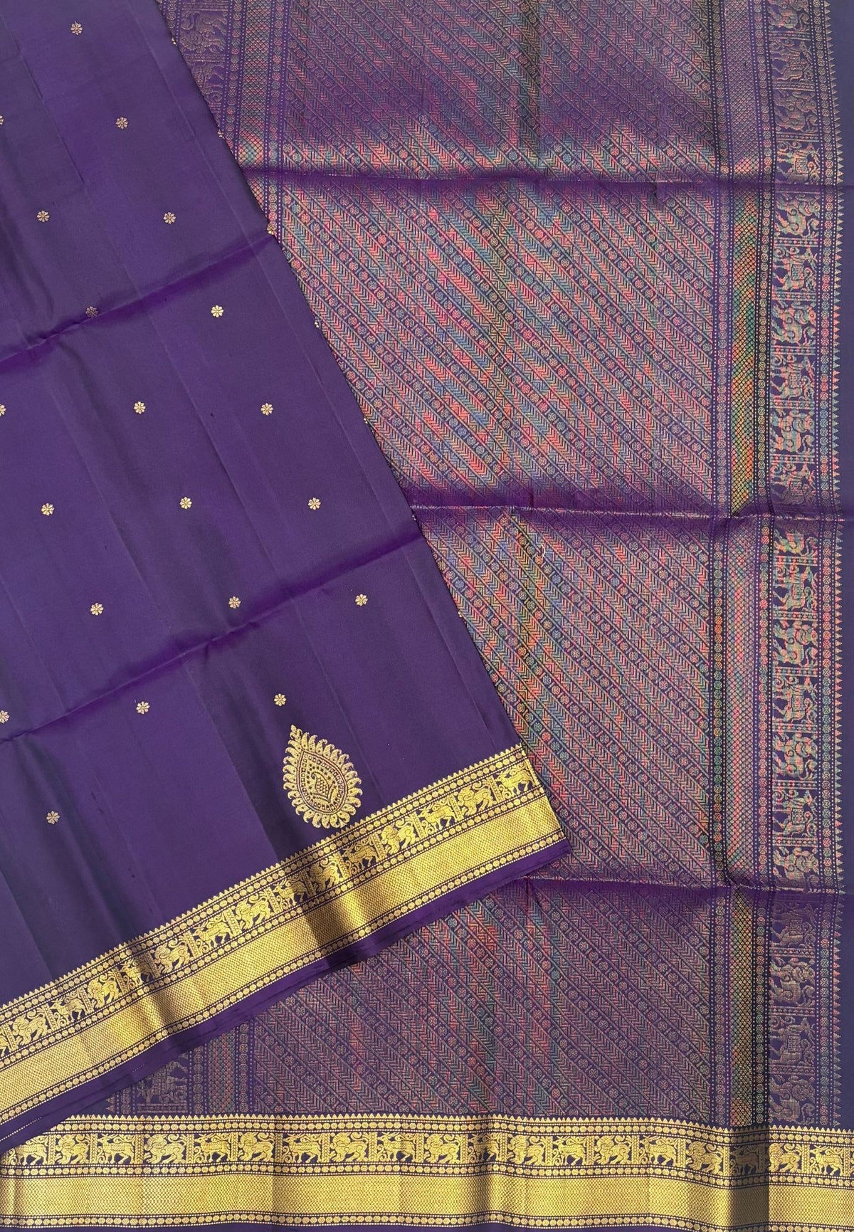 Pure Kanchipuram Silk Saree-Dark Purple In Deer & Yali Zari Border