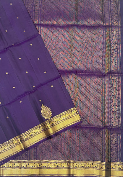Pure Kanchipuram Silk Saree-Dark Purple In Deer & Yali Zari Border