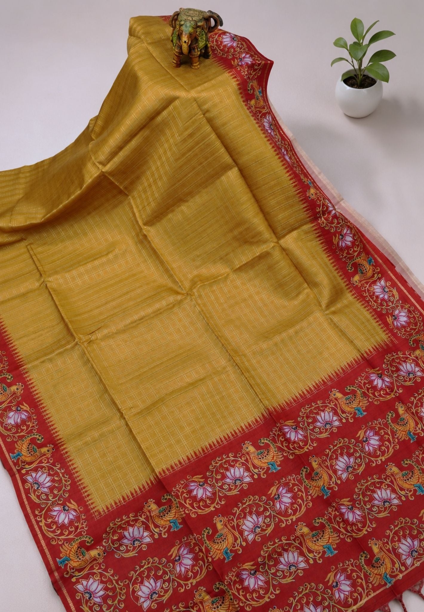Premium Matka Tussar Saree-Mustard with Contrast Border in Tanjore Print