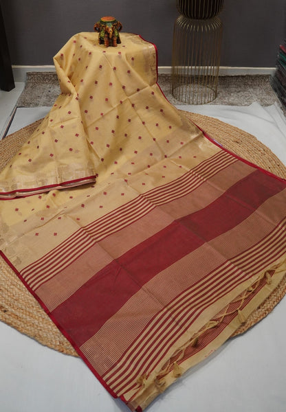 Raw Silk Saree-With Tree and Elephant-Sandal