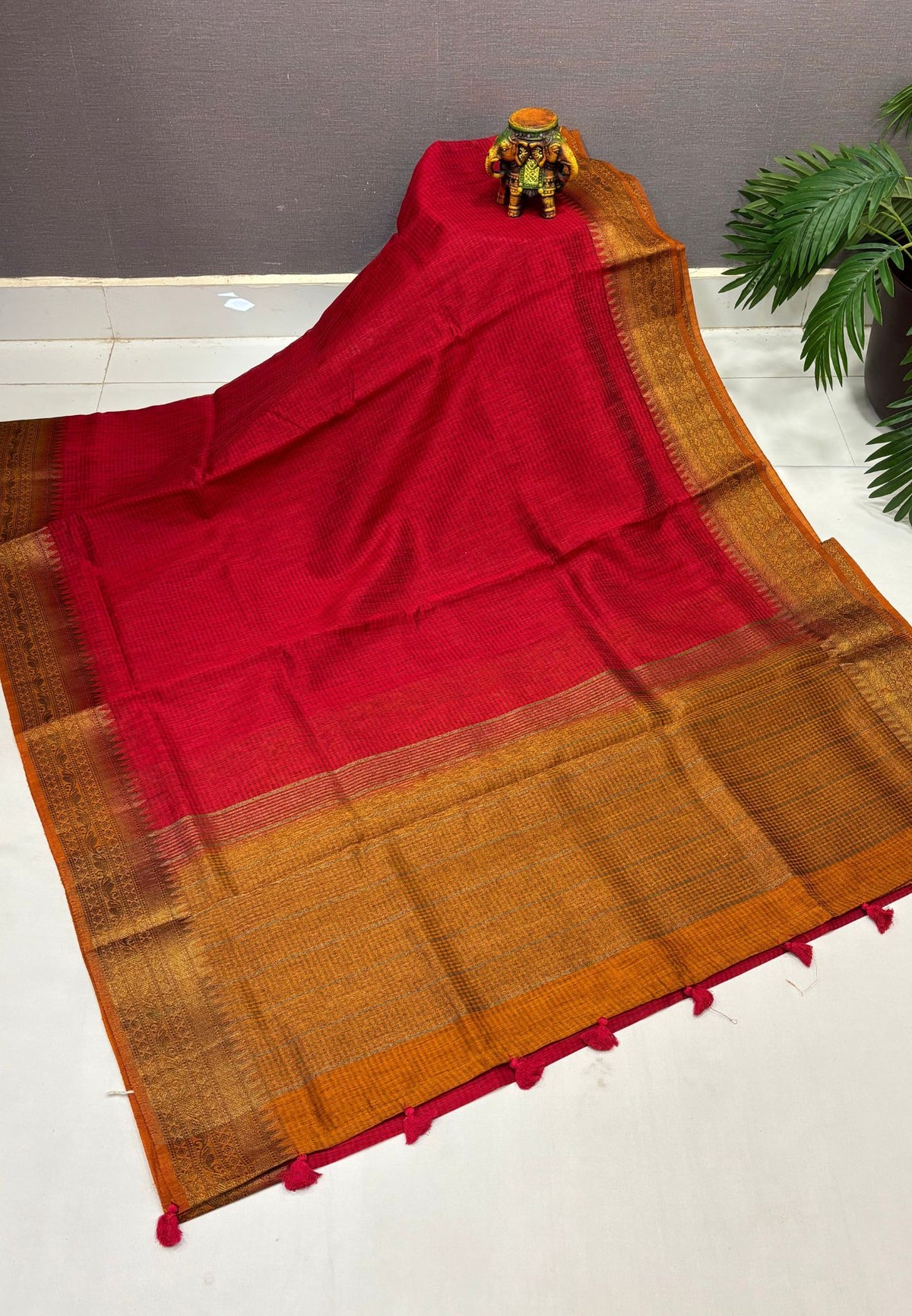 Bamboo Silk Saree-Red In Checked Zari Stripe Border