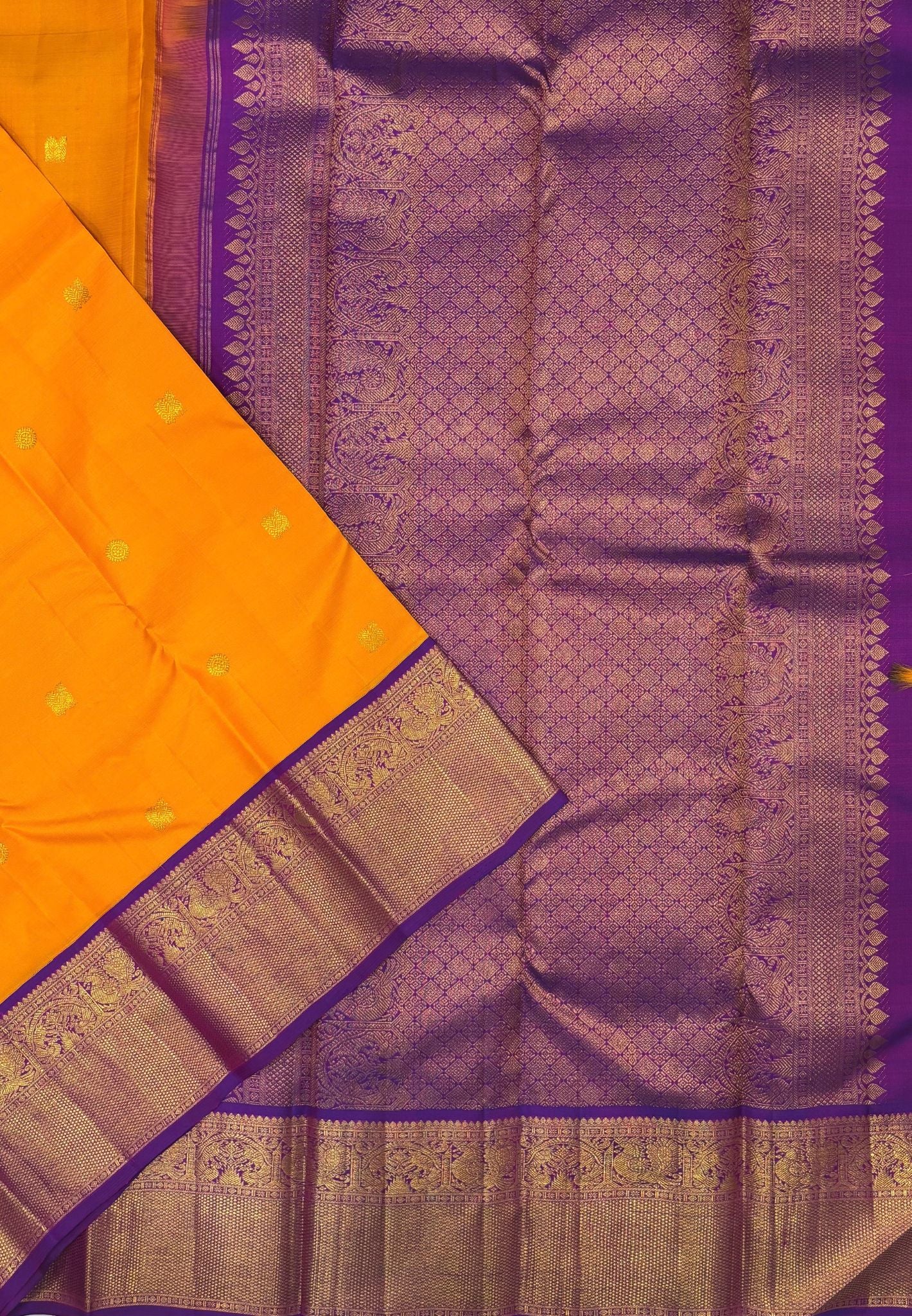 Pure Kanchipuram Silk Saree-Mango Yellow-Purple In Paisley Floral Zari with Contrast Border