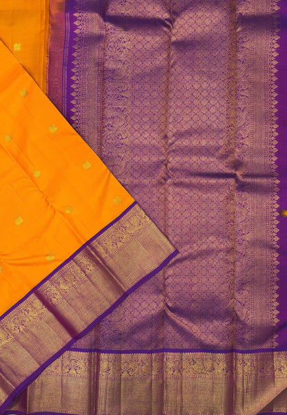 Pure Kanchipuram Silk Saree-Mango Yellow-Purple In Paisley Floral Zari with Contrast Border