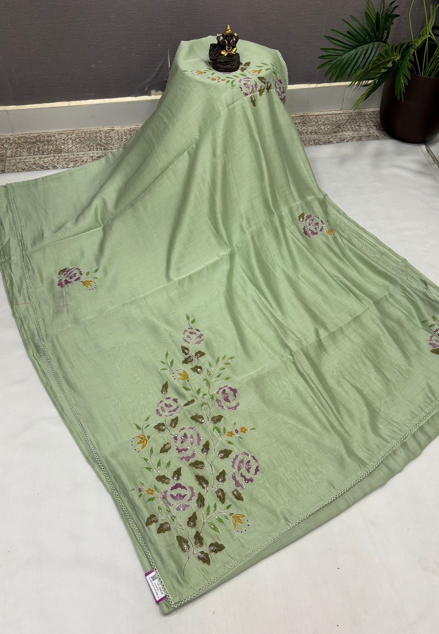 Muslin Saree-Sea Foam Green With Floral Patten