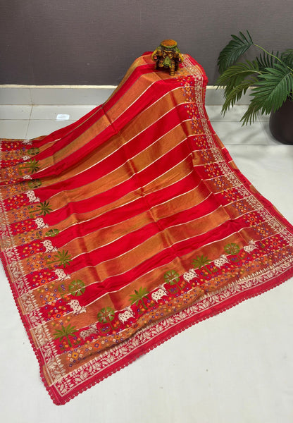 Satin Crepe Saree-Red In Komatha Floral Border