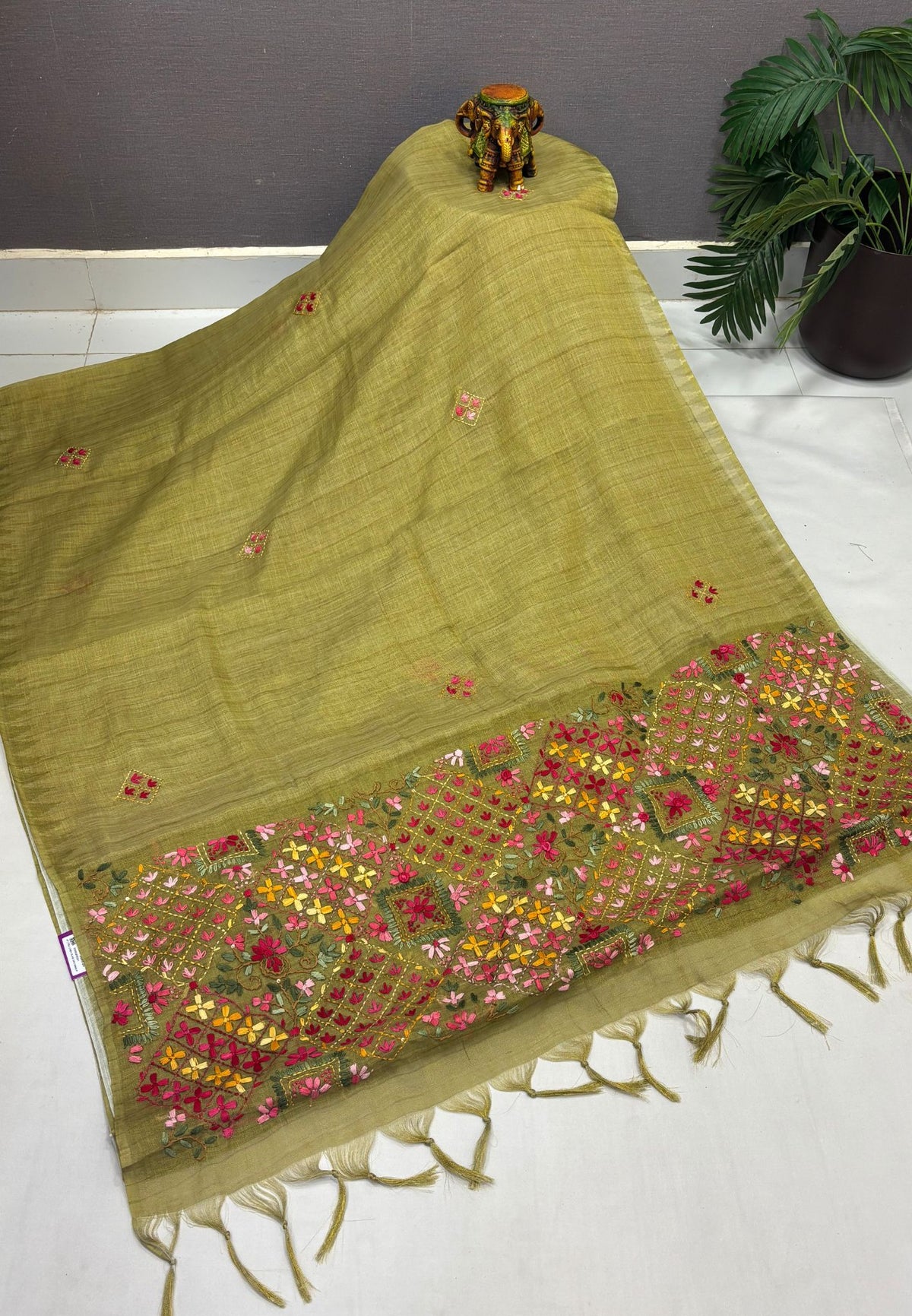 Tissue Linen Saree-Olive Green in Phulkari Embroidery Border