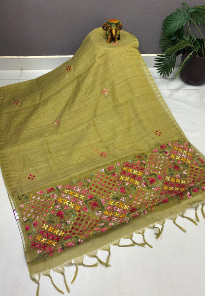 Tissue Linen Saree-Olive Green in Phulkari Embroidery Border