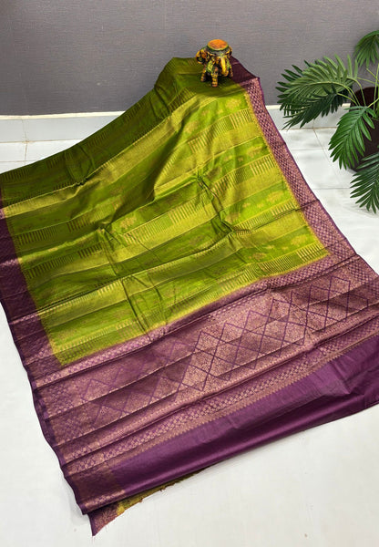 Pure Tussar Saree-Olive Green In Geometric Diamond Zari With Contrast Border