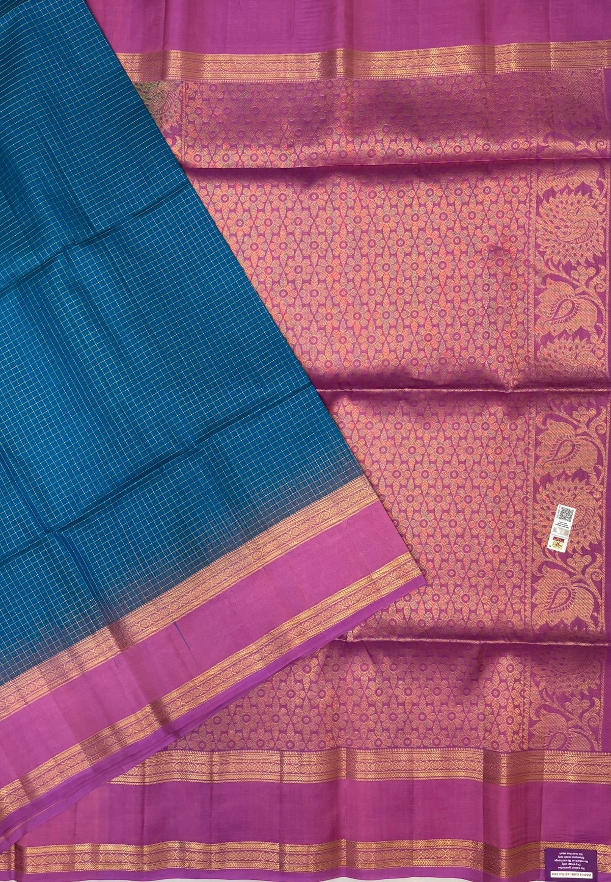 Pure Kanchipuram Silk Saree-Sky Blue in Zari Checks with Contrast Retapet Border