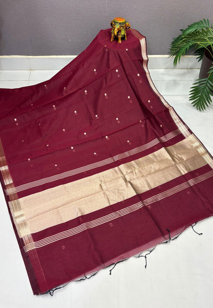 Handloom Cotton Saree-Maroon In Broad Plain Zari Border