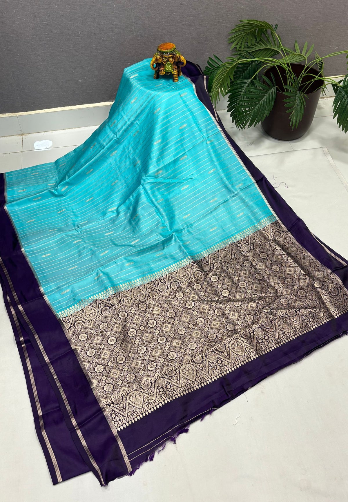 Gaji Silk Saree-Sky Blue in Intricate Geometric Floral Zari with Contrast Border