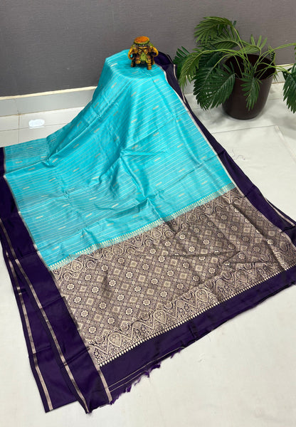 Gaji Silk Saree-Sky Blue in Intricate Geometric Floral Zari with Contrast Border
