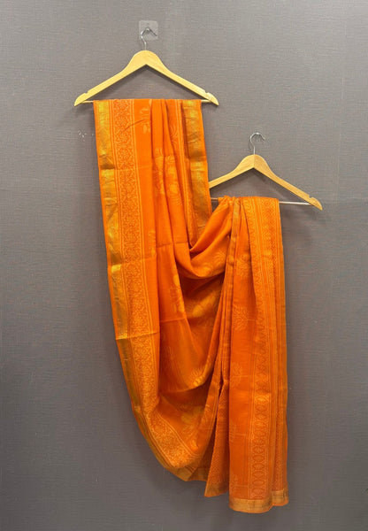 Pure Maheshwari Silk Cotton Saree-Orange