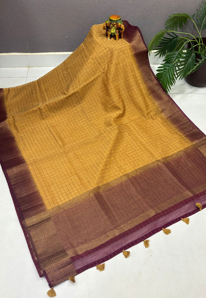 Bamboo Saree-Sandal in Mini Checked Zari Border