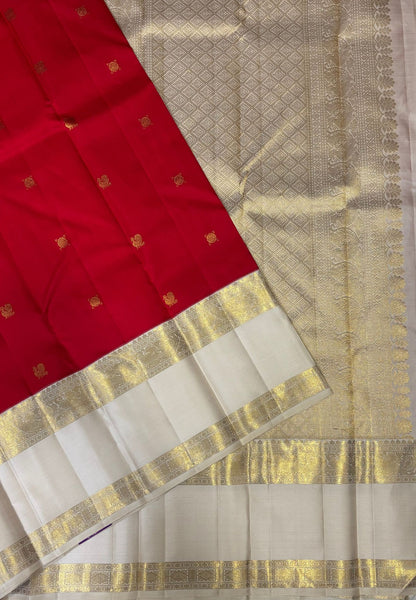 Pure Kanchipuram Silk Saree-Red in Diamond Jaali Zari with Contrast Border