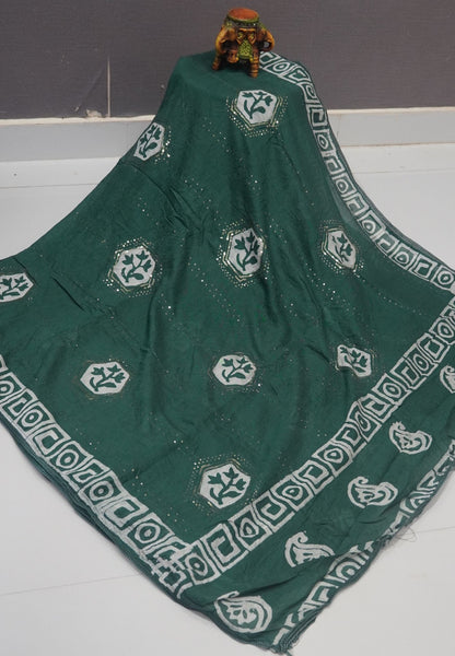 Batick Cotton Saree- Metallic Green with Sequence Work