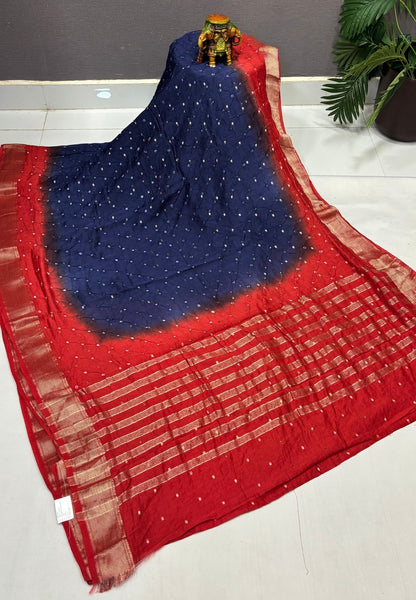 Banarasi Bandeji Saree-Blue in Horizontal Stripe Zari with Contrast Border