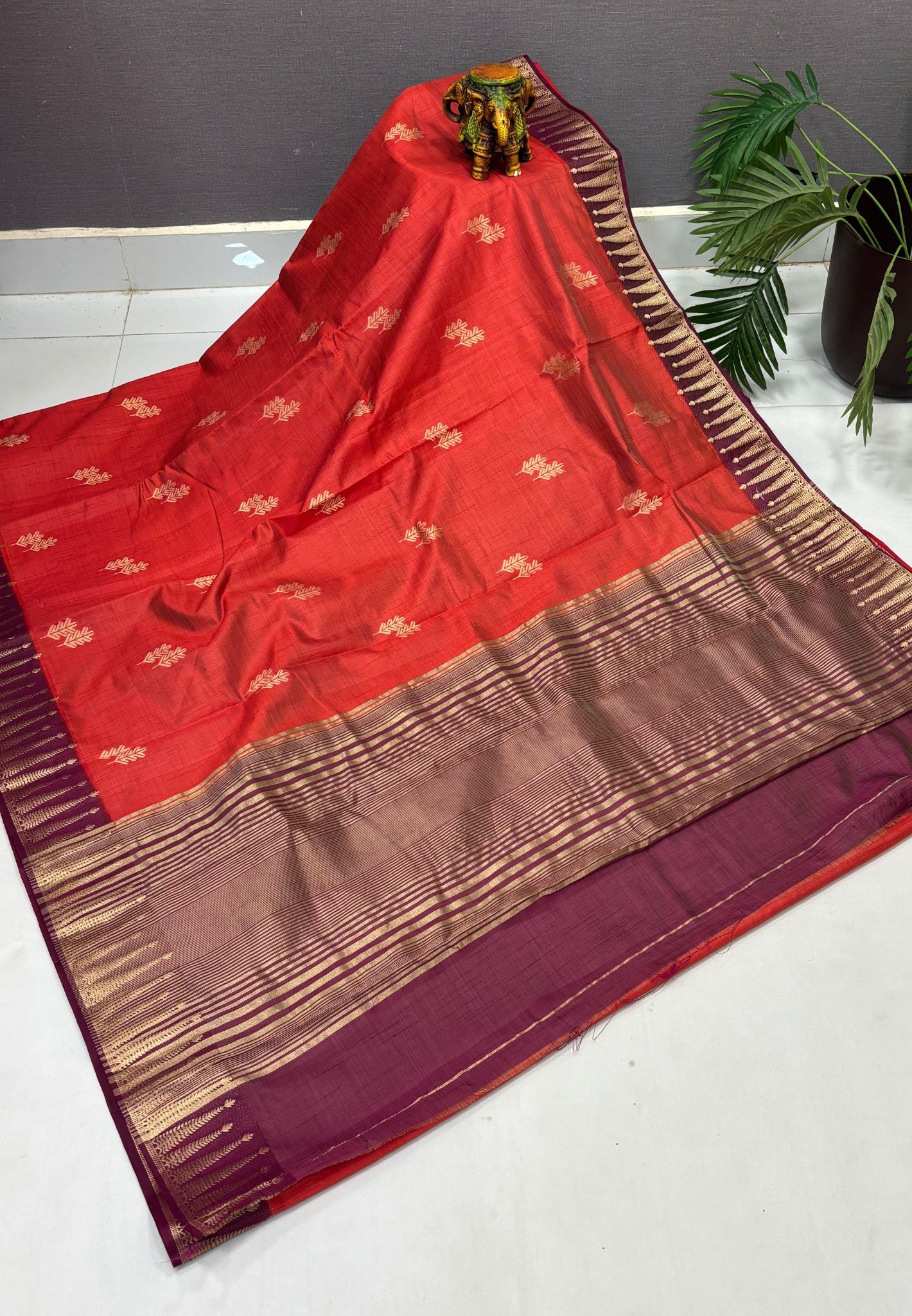 Semi Tussar Saree-Orange in Traditional Striped Zari with Contrast Border