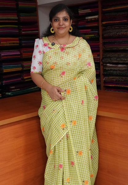 Linen Saree - Checks Light Green