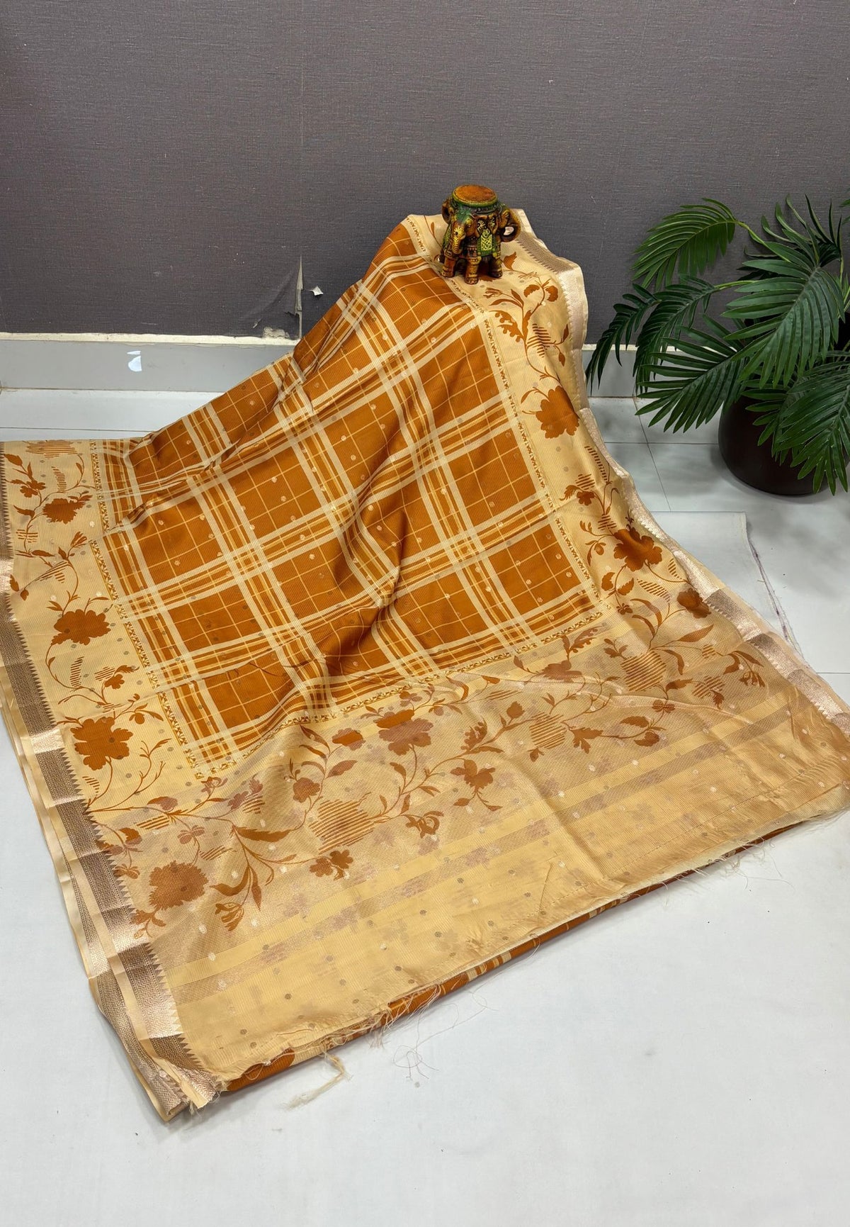 Soft Tussar Saree-Mustard In Hibiscus Floral Border