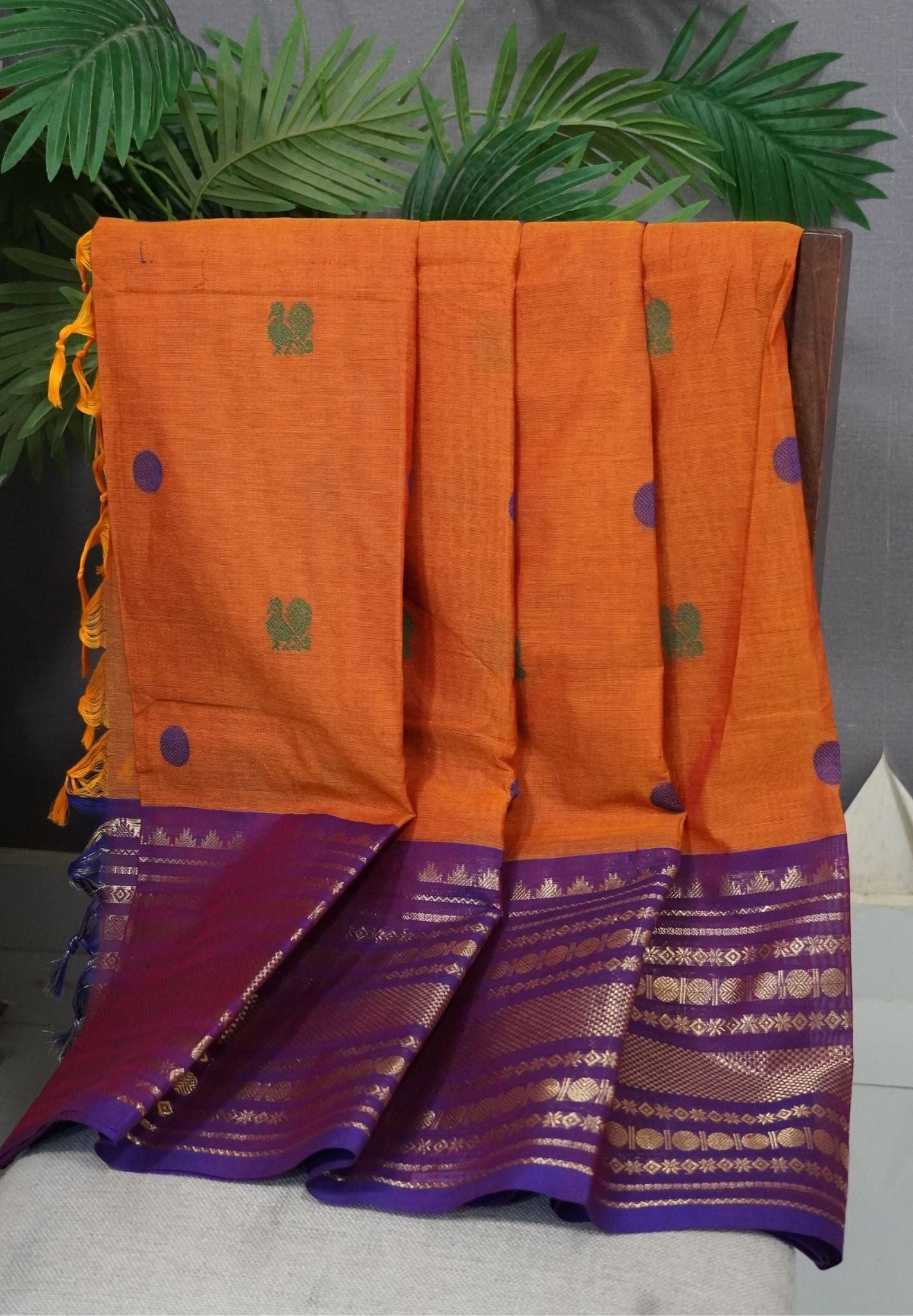 Chettinad Cotton Saree–Dark Mustard with Temple Zari Border