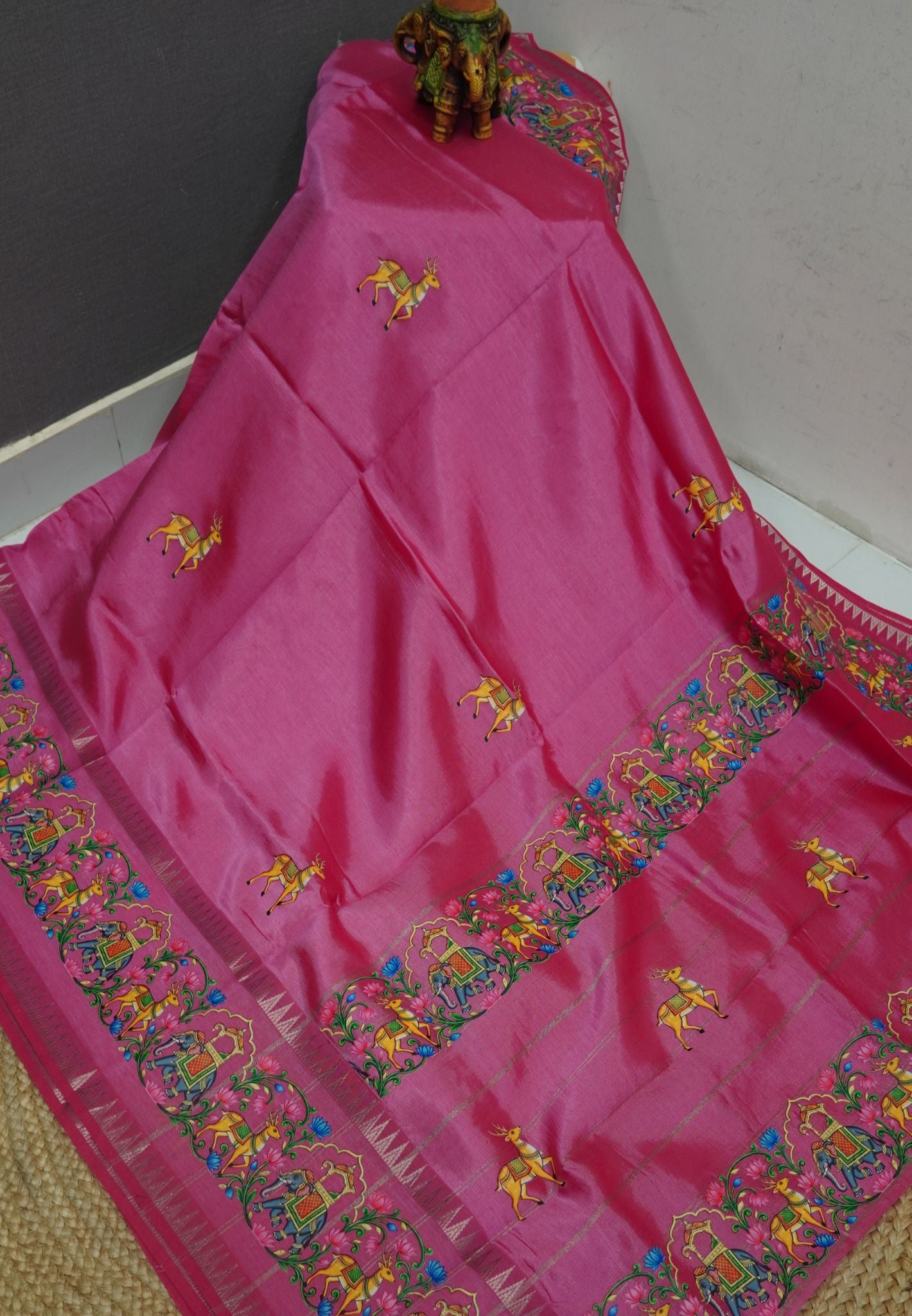 Pure Mangalgiri Silk Saree-Baby Pink in Thanjur Print Retapet Border