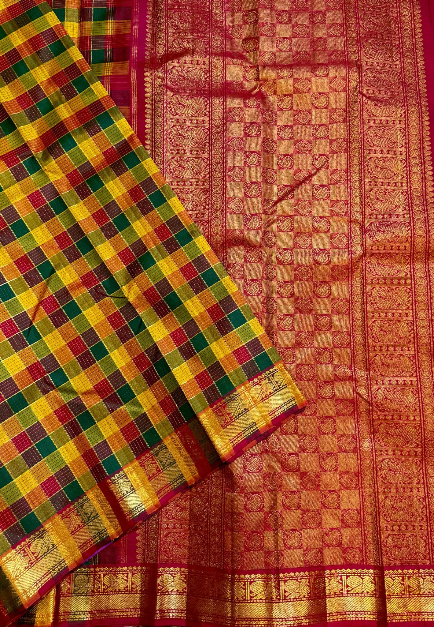 Pure Kanchipuram Silk Saree-Maroon in Traditional Checks with Peacock Zari Border