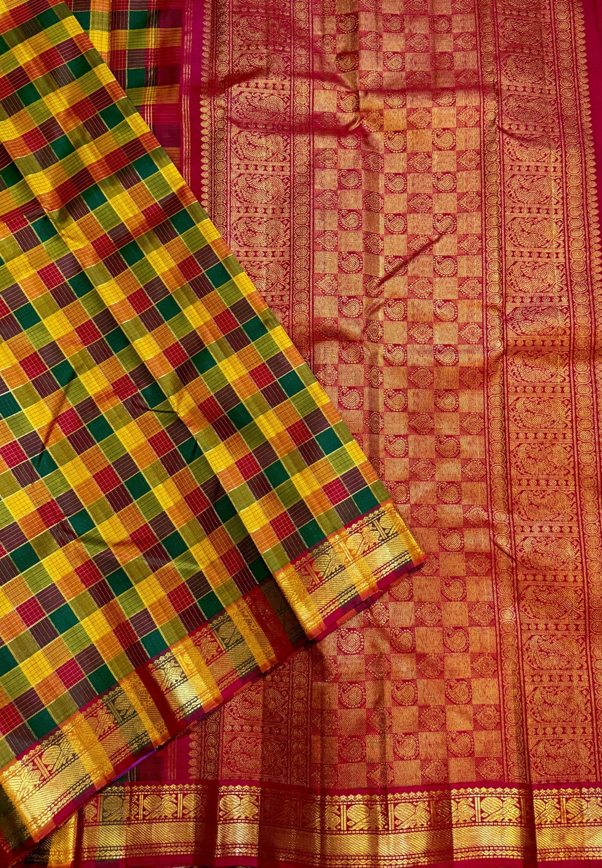 Pure Kanchipuram Silk Saree-Maroon in Traditional Checks with Peacock Zari Border