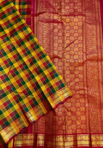 Pure Kanchipuram Silk Saree-Maroon in Traditional Checks with Peacock Zari Border