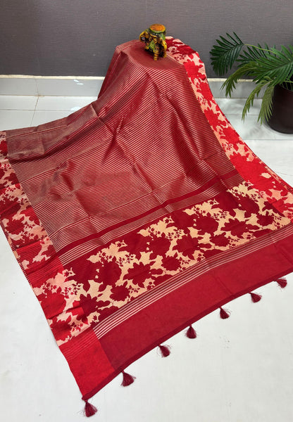 Soft Kora Tissue Saree-Redish Maroon in Floral Jaal Zari Border