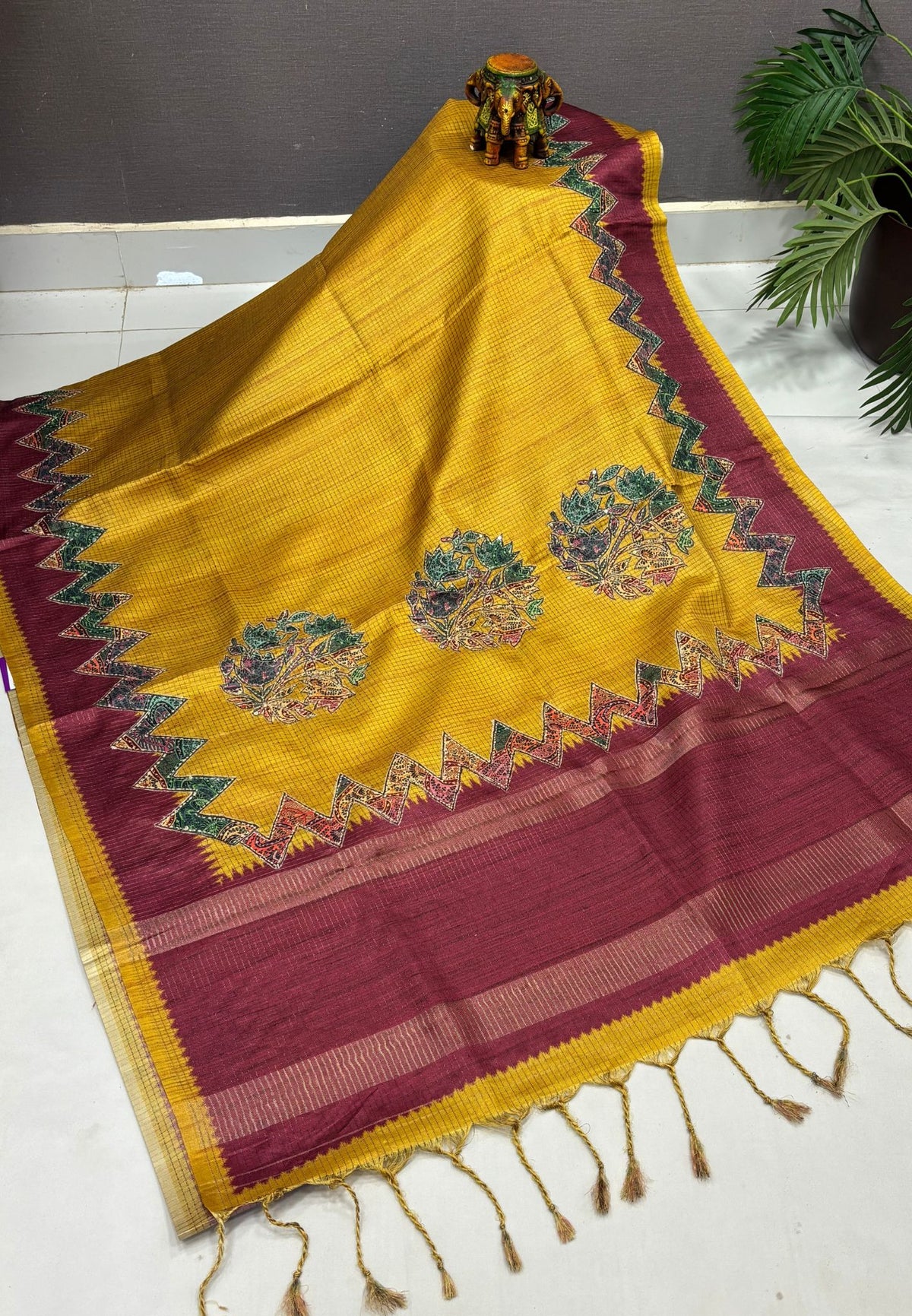 Semi Tussar Saree-Mustard in Zigzag Tribal Pattern Border