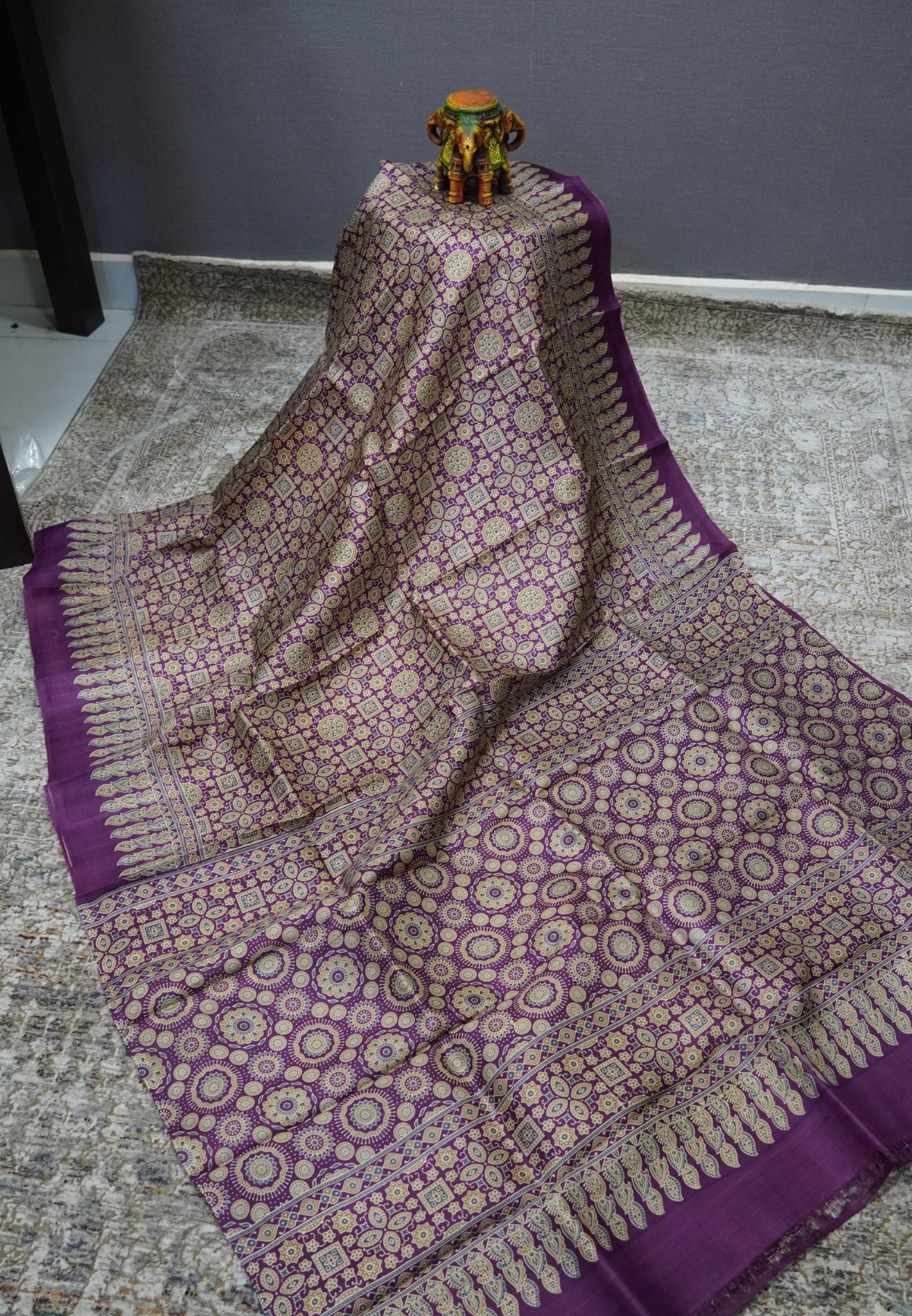 Pure Tussar Silk Saree – Purple Ajrakh Print
