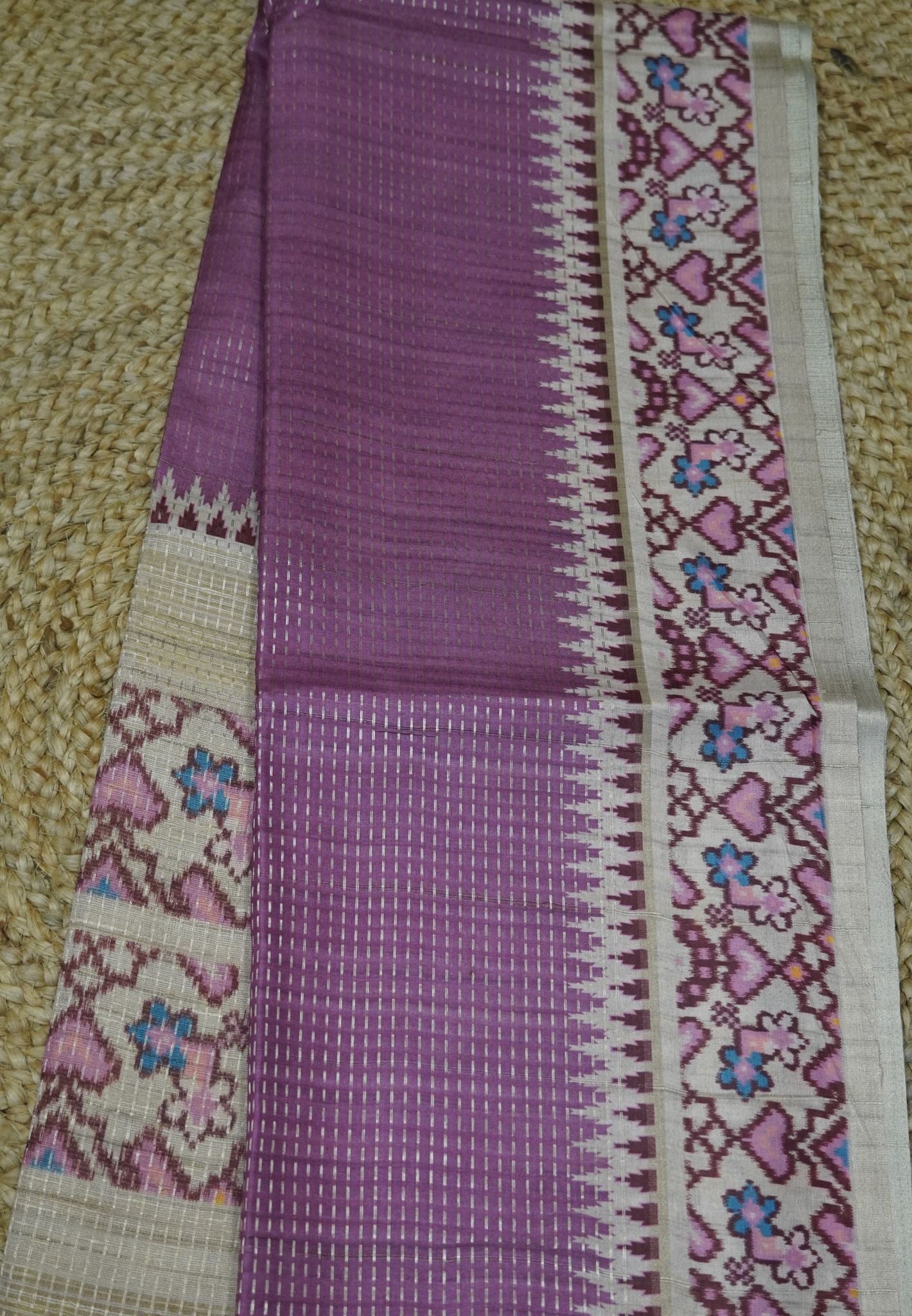 Semi Tussar Saree -Dark Pink with Ikkat Border