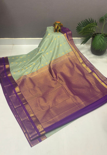 Budget Kanchipuram Saree-Sea Green In Traditional Peacock Zari With Contrast Border