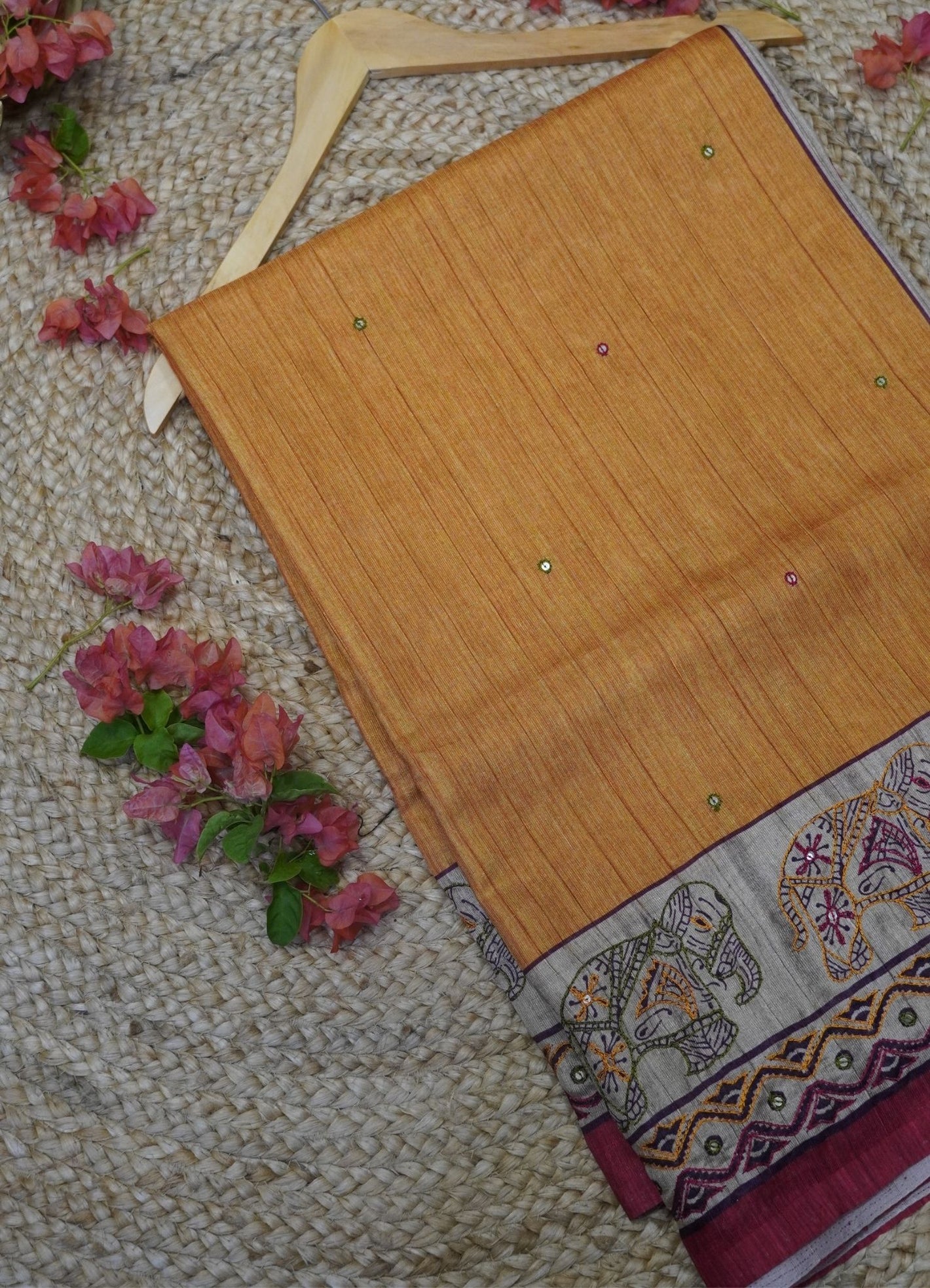 Semi Tussar Saree – Mustard Red Elephant Design