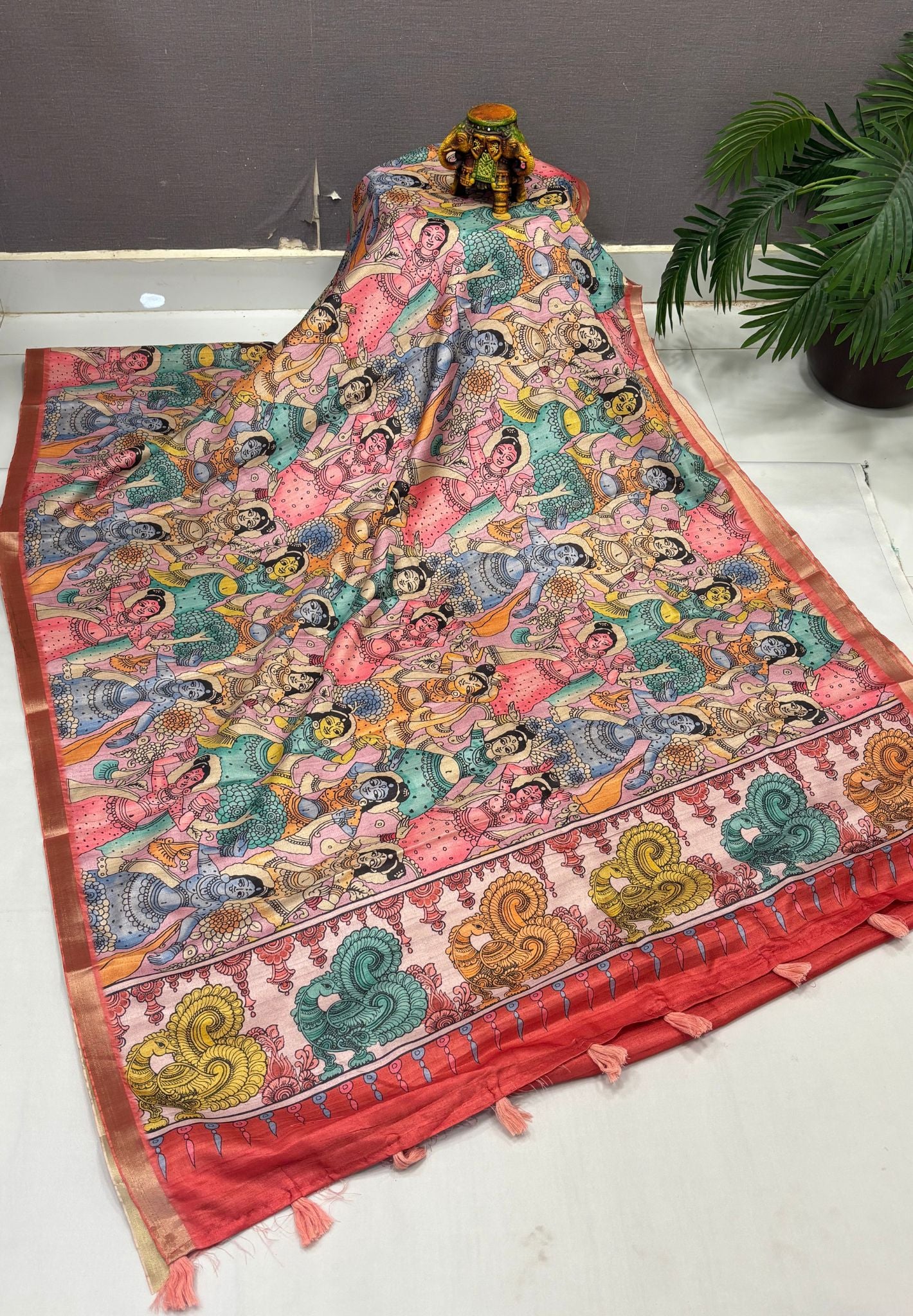 Semi Tussar Coral Saree-Red In Kalamkari Peacock Border