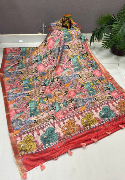 Semi Tussar Coral Saree-Red In Kalamkari Peacock Border