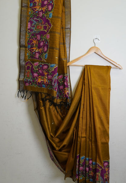 Pure Mangalgiri Silk Saree- Golden Green with Appliqué Work