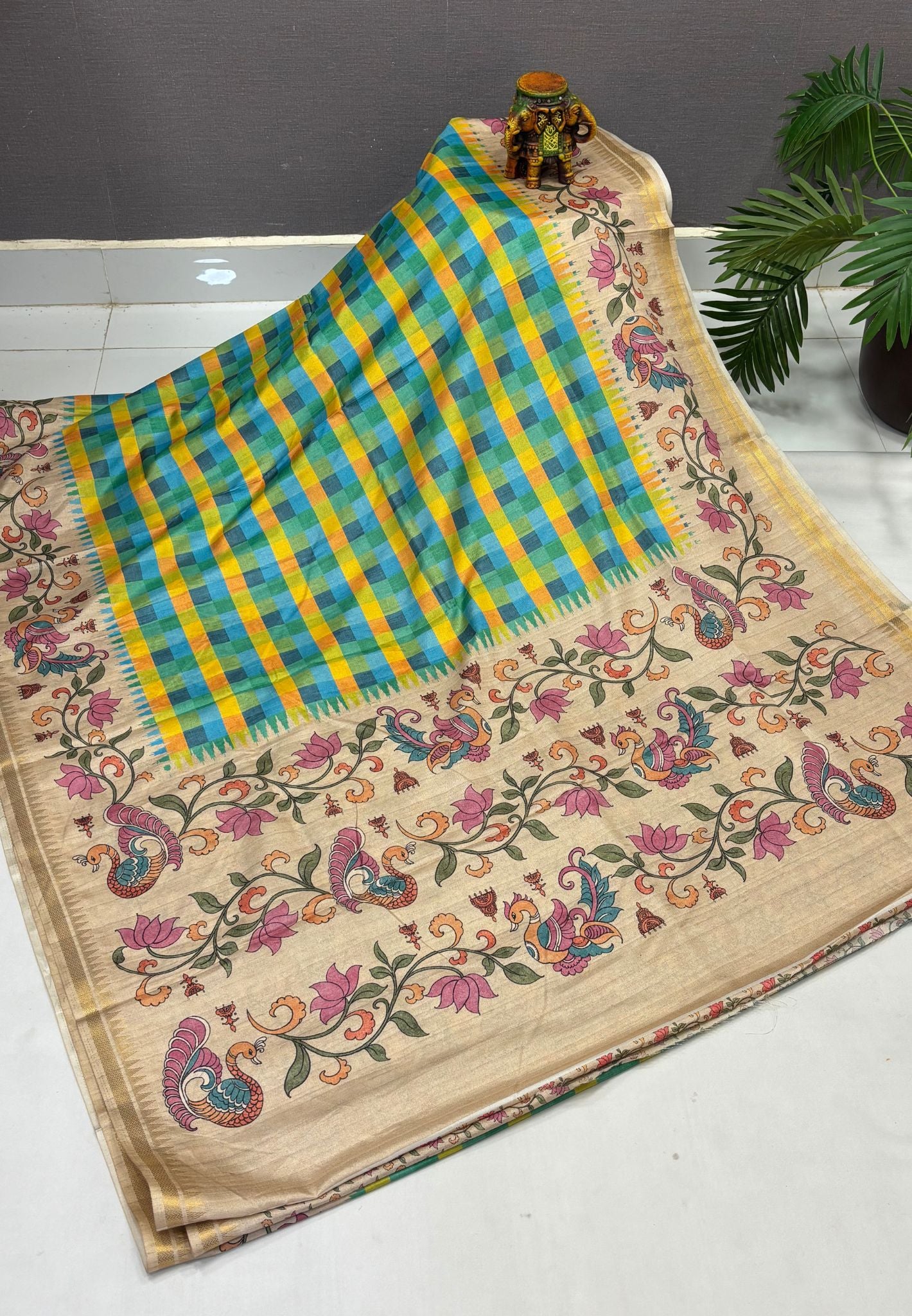 Semi Tussar Saree-Green in Madras Checks with Peacock Floral Border