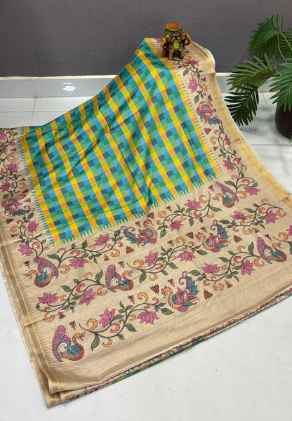 Semi Tussar Saree-Green in Madras Checks with Peacock Floral Border