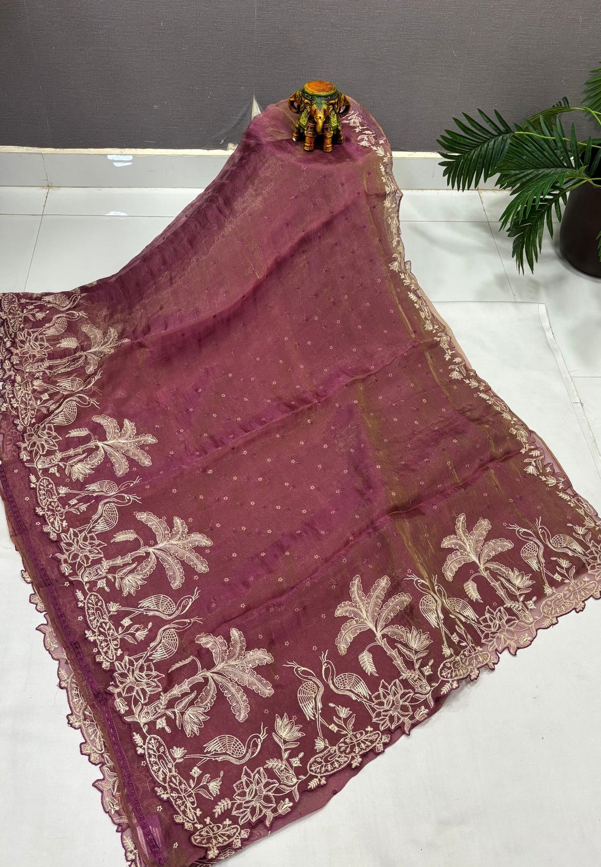 Tissue Organza Saree-Wine In Tropical Garden Border