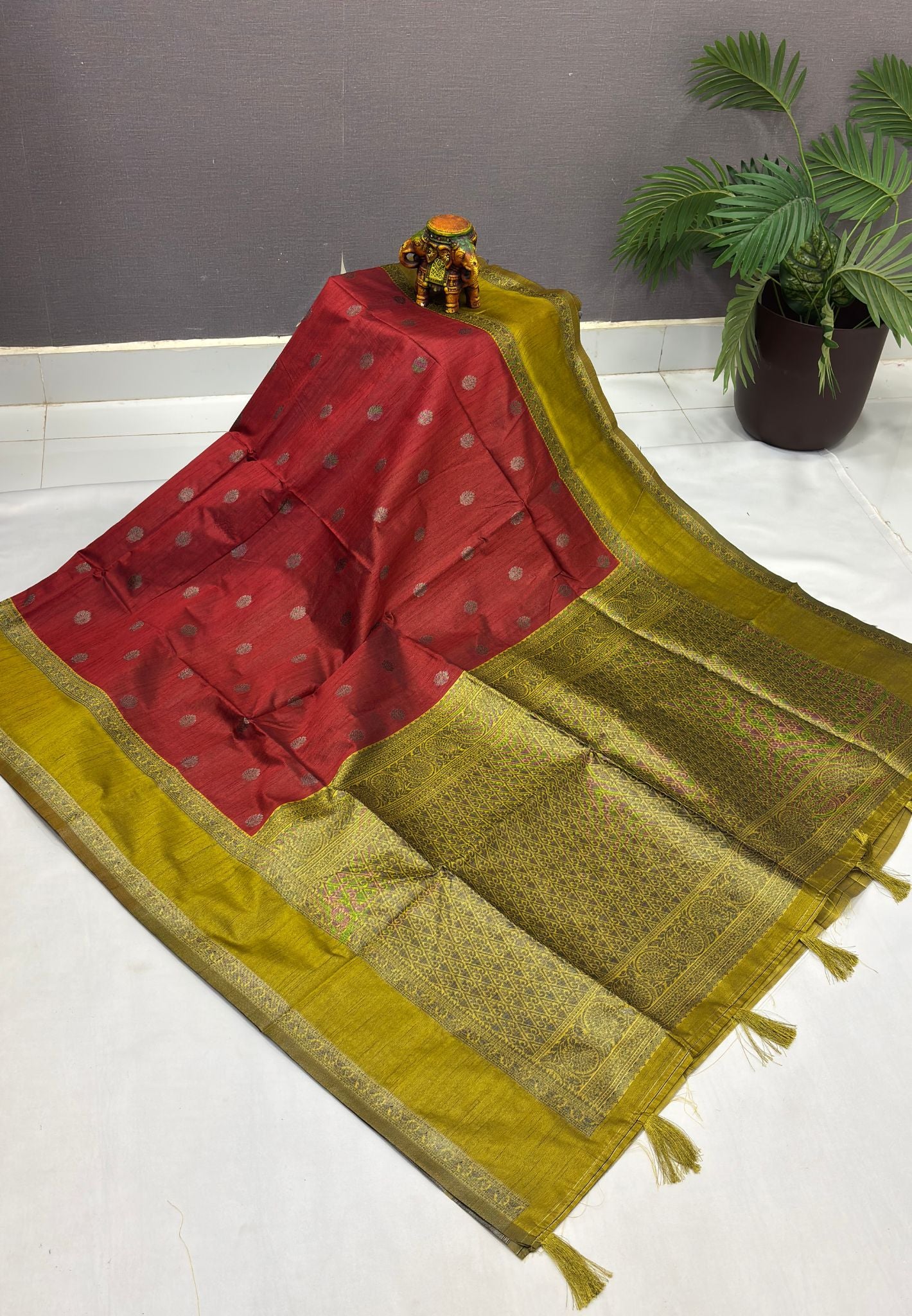 Semi Raw Silk Saree-Mustard with Contrast Retapet Border