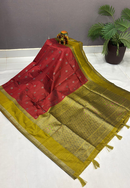 Semi Raw Silk Saree-Mustard with Contrast Retapet Border