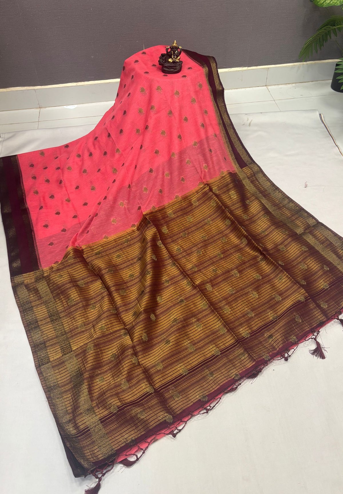 Soft Jute Saree-Peach Pink-Maroon
