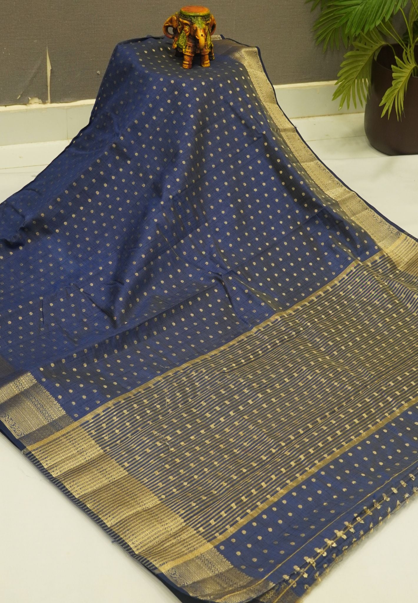 Semi Tussar Saree-Deep Navy Blue with Golden Zari Bud Buttas